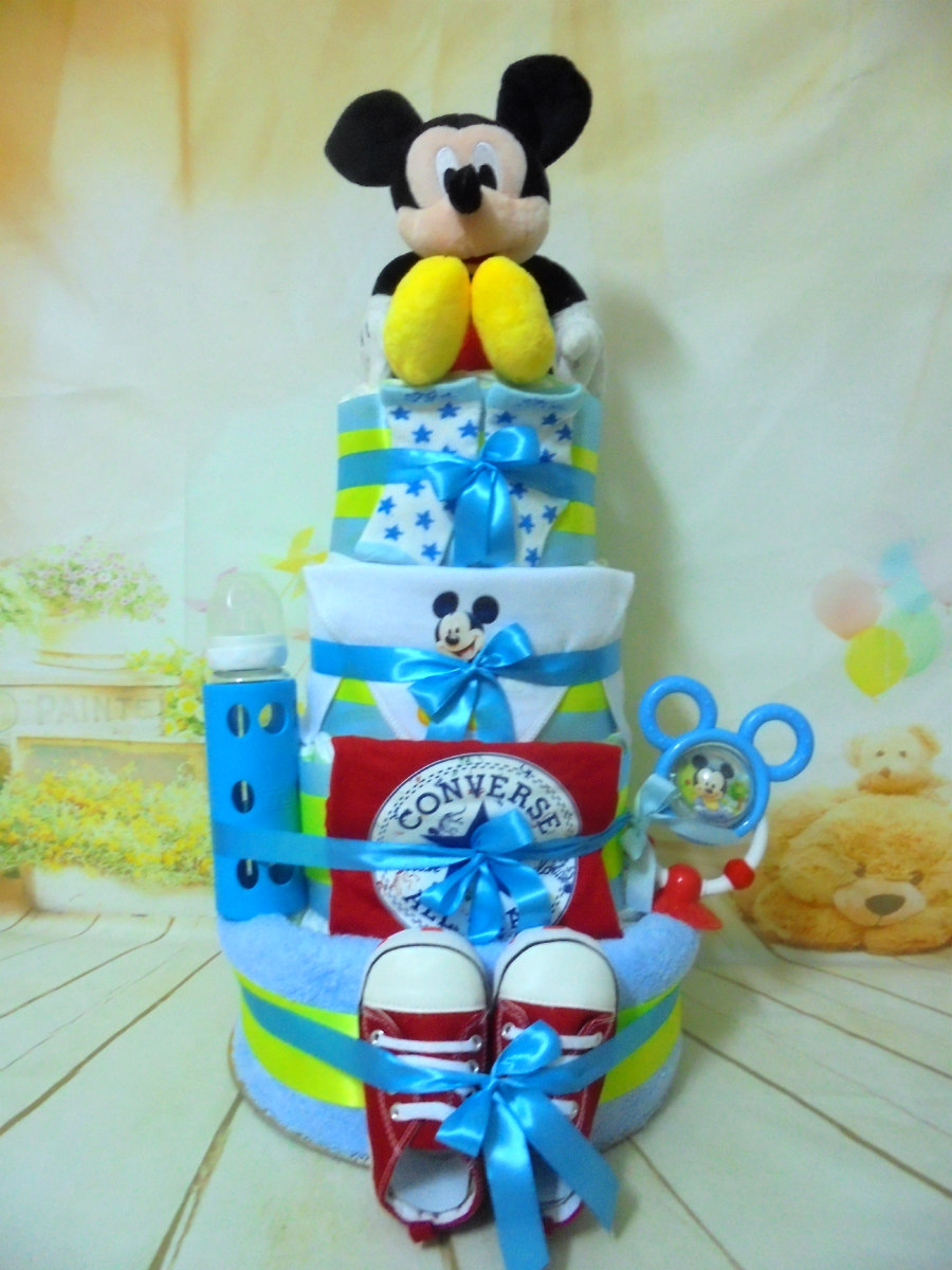Diaper cake Mickey VIP τουρτα από πάνες 4όροφη μωρότουρτα