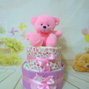 pink bear diaper cake 2όροφη μωρότουρτα