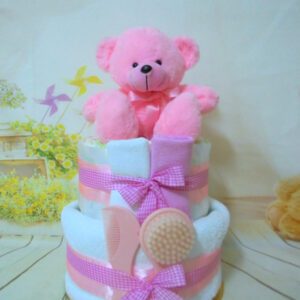 Diaper cake Sweet Teddy pink 2όροφη μωρότουρτα