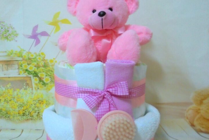 Diaper cake Sweet Teddy pink 2όροφη μωρότουρτα