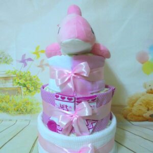 Δελφινάκι ροζ 3όροφη μωρότουρτα diaper cake