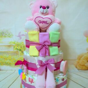 Diapercake Ροζ αρκουδάκι 3όροφη μωρότουρτα