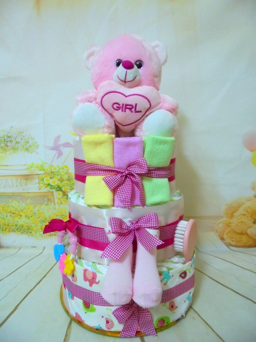 Diapercake Ροζ αρκουδάκι 3όροφη μωρότουρτα