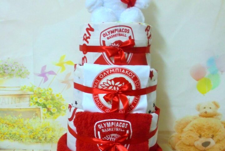 Diaper cake Ολυμπιακός 4όροφη μωρότουρτα