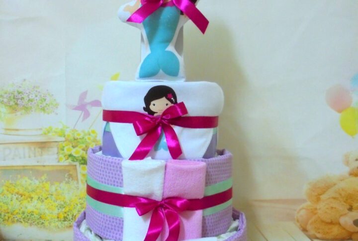 Diaper cake Γοργόνα 3όροφη μωρότουρτα για κορίτσι