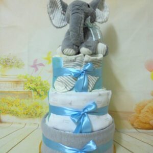 Γκρι ελεφαντάκι μωρότουρτα 3όροφη για αγόρι με λούτρινο ελεφαντάκι