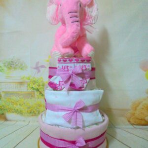 Ροζ ελεφαντάκι μωρότουρτα 3όροφη για κοριτσάκι με λούτρινο ελεφαντάκι